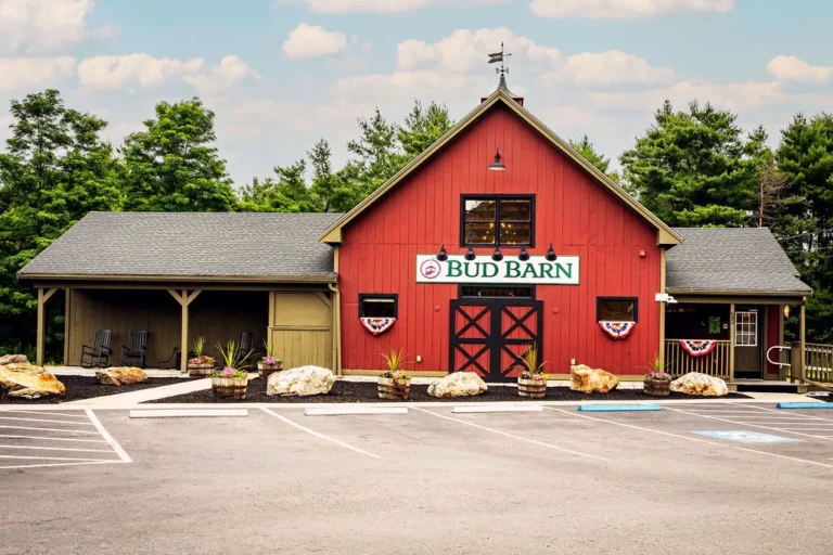 Front of Bud Barn with free parking, including accessible spaces by the entrance